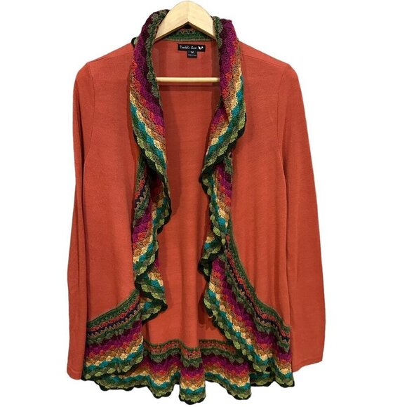 Double Zero Cardigan Sweater Rainbow Crochet Open Rainfall Collar Cottage Size M - Picture 1 of 6